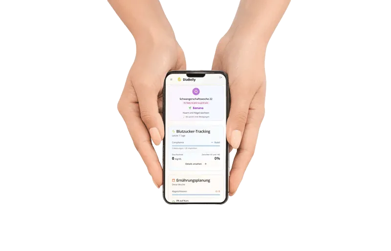 Zwei Hände halten ein Smartphone mit dem Blutzucker-Tagebuch der DiaBelly App